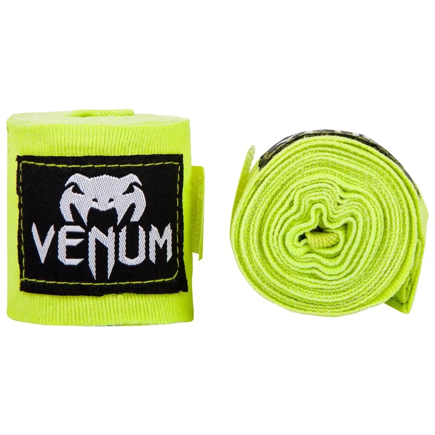 Venum Kontact Boxing Handwraps in vibrant neon yellow color, showcasing the Venum logo and high-quality elasticated cotton.