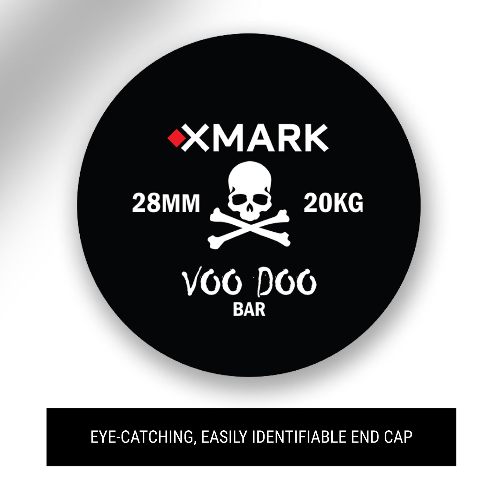 Voodoo 7ft Olympic Weightlifting Bar end cap featuring a skull design and 20kg weight indication.