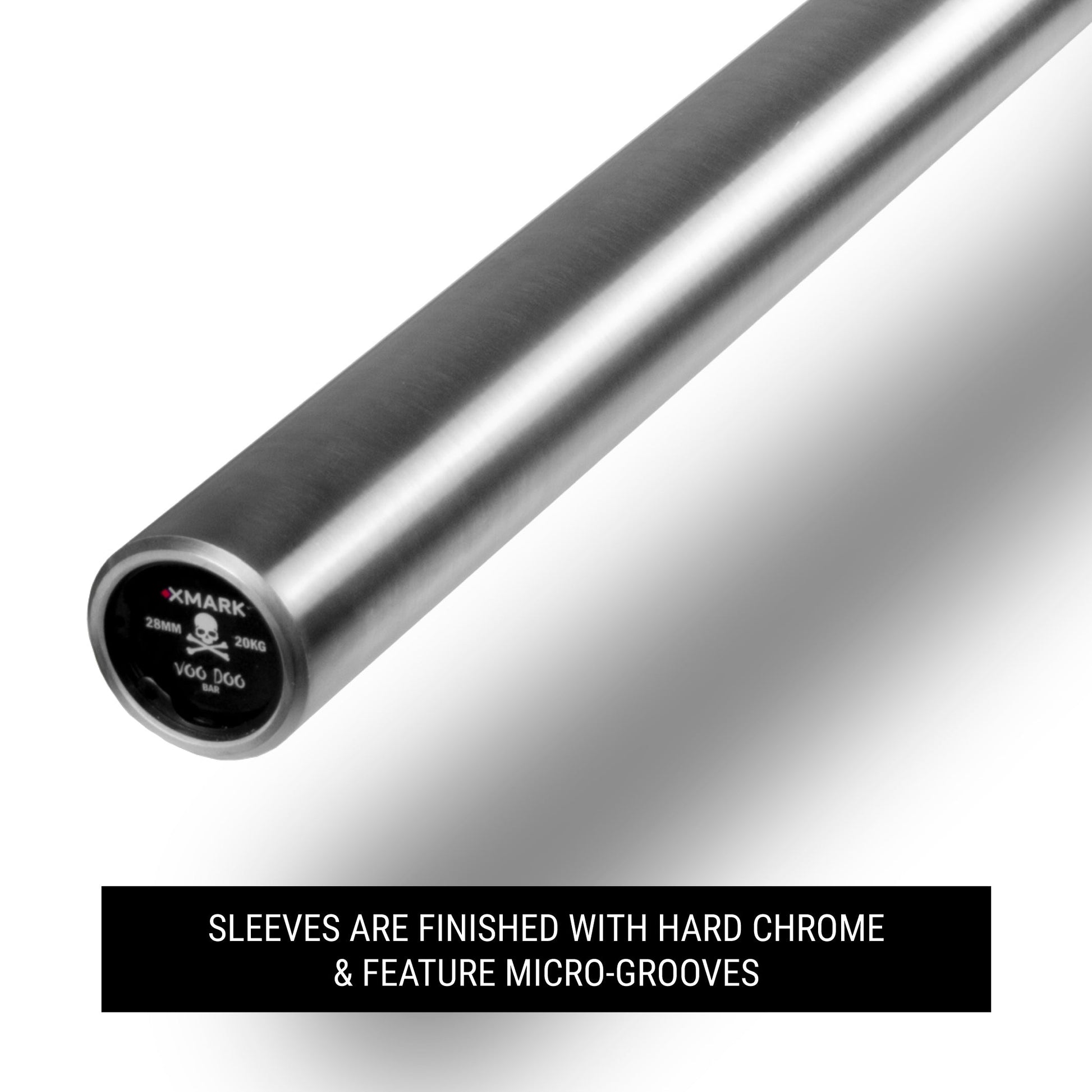 Voodoo 7ft Olympic Weightlifting Bar with hard chrome sleeves and micro-grooves for enhanced grip and durability.