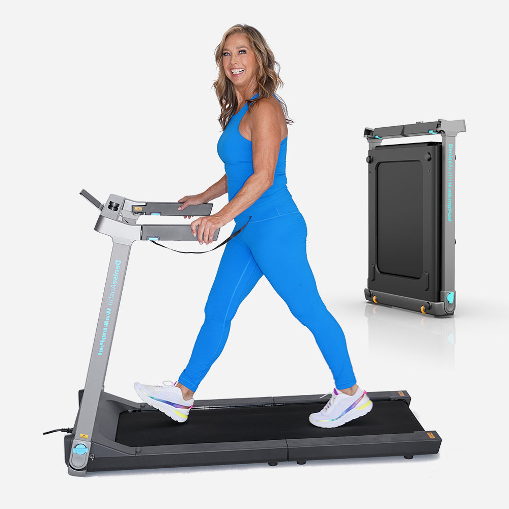 Woman exercising on the WalkingPad Denise Austin Foldable Treadmill for Home with a compact design.