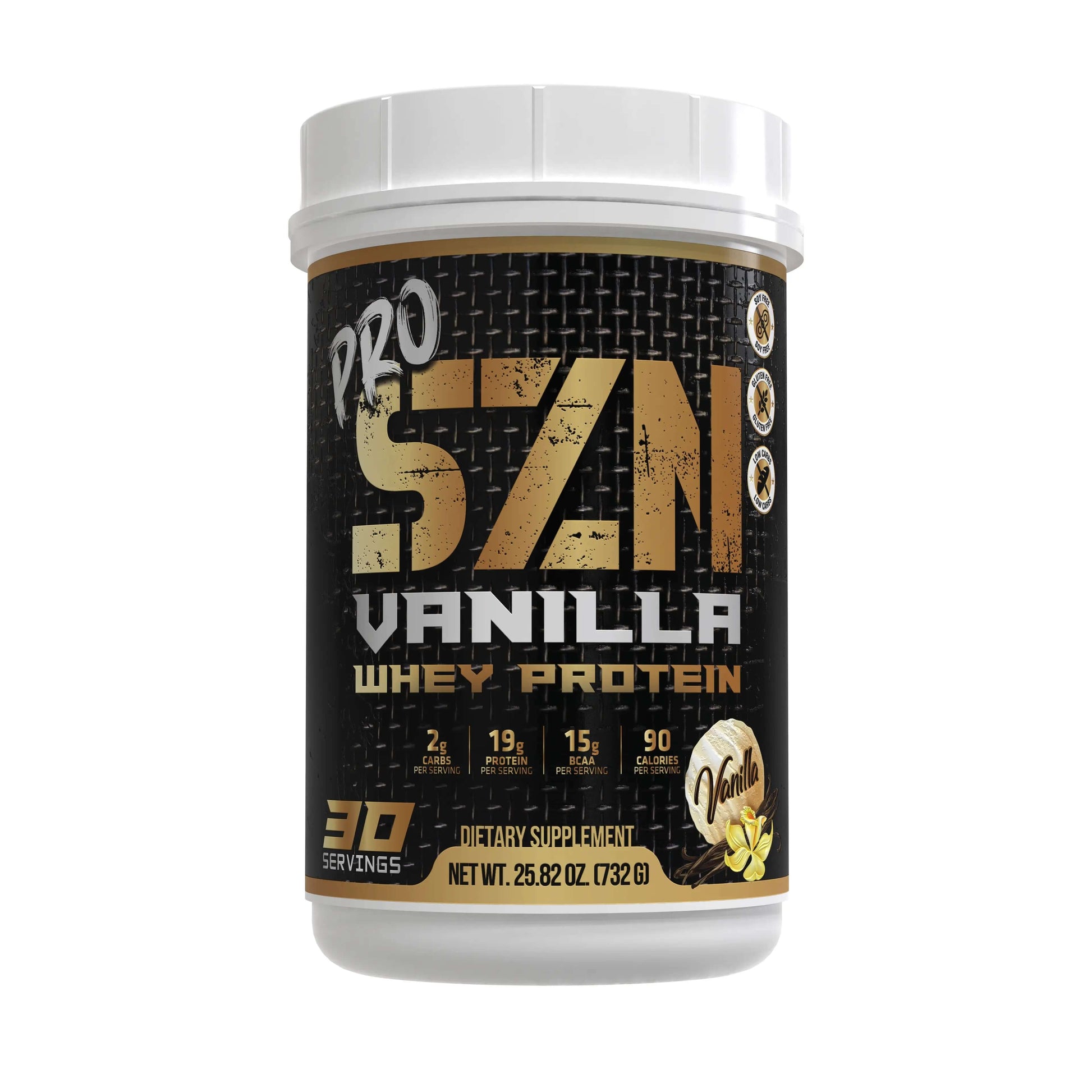 Pro-SZN Vanilla Whey Protein Powder container featuring nutritional information and vanilla flavor branding.