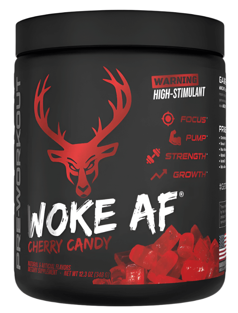 Bucked Up Pre Workout WOKE AF Cherry Candy flavor container with high-stimulant warning and key benefits.