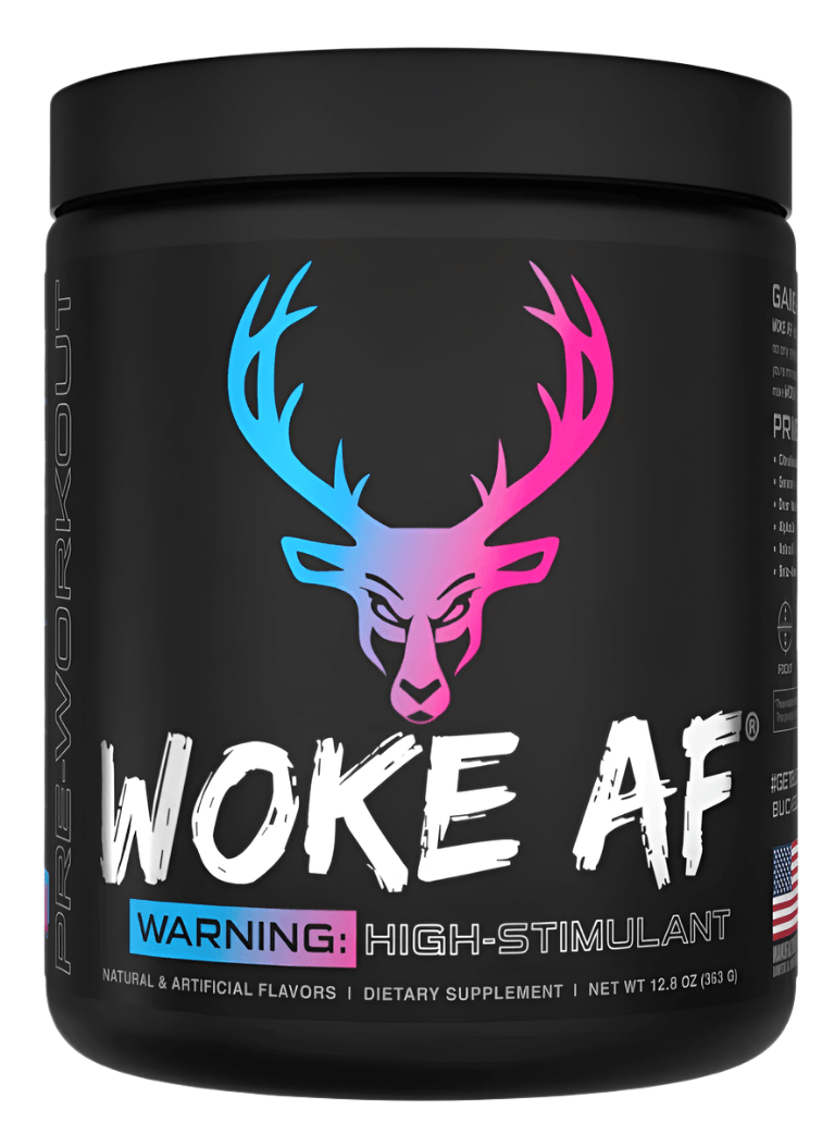 Bucked Up Pre Workout WOKE AF supplement jar with deer logo highlighting intense energy and focus.