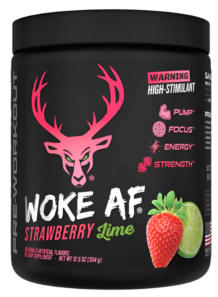 Bucked Up Pre Workout WOKE AF Strawberry Lime with deer logo, promotes pump, focus, energy, strength.