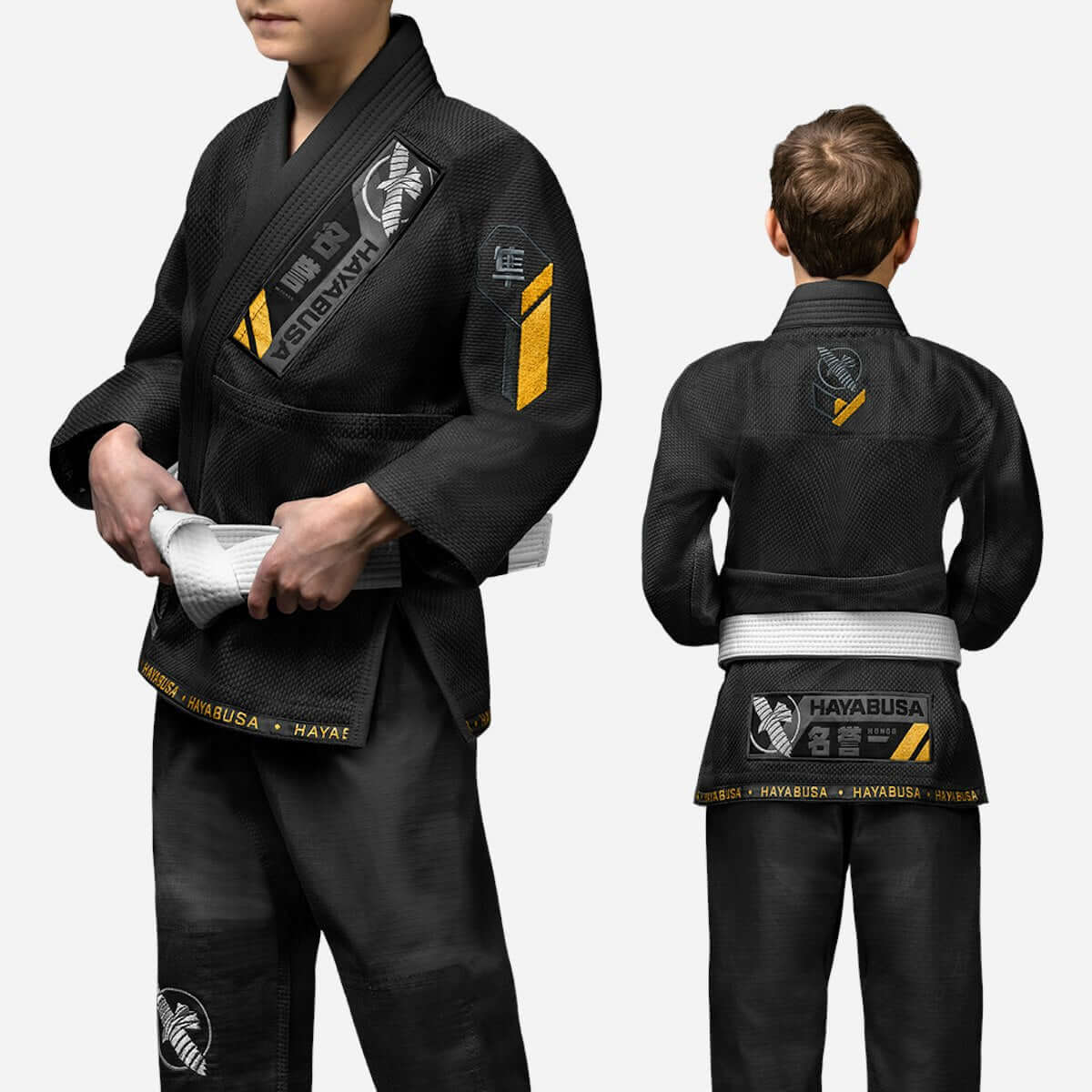 Hayabusa Ascend Youth Jiu Jitsu Gi displayed on a child, showcasing the front and back design of the gi.