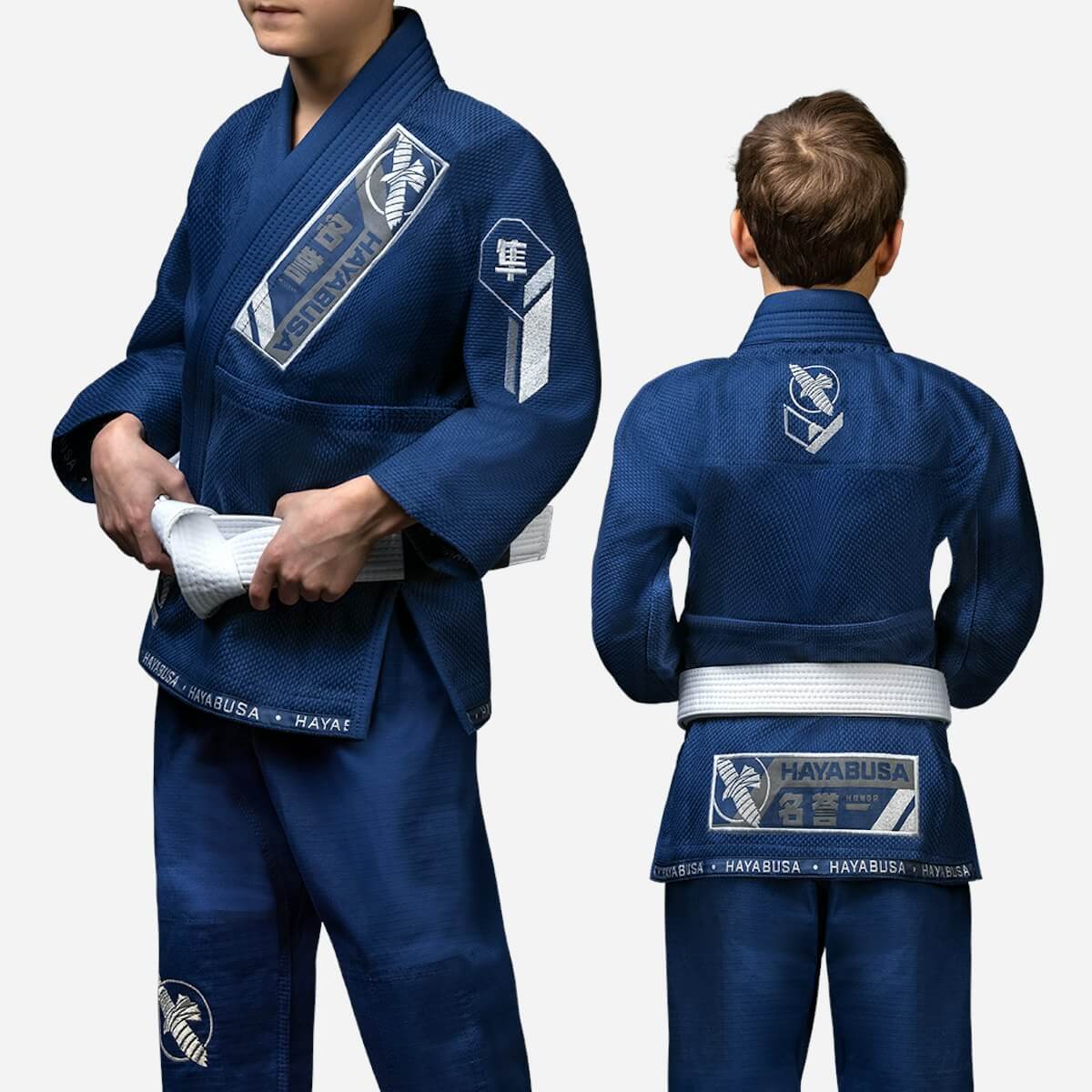 Hayabusa Ascend Youth Jiu Jitsu Gi displayed on two children, showcasing the front and back design with blue color and logo.