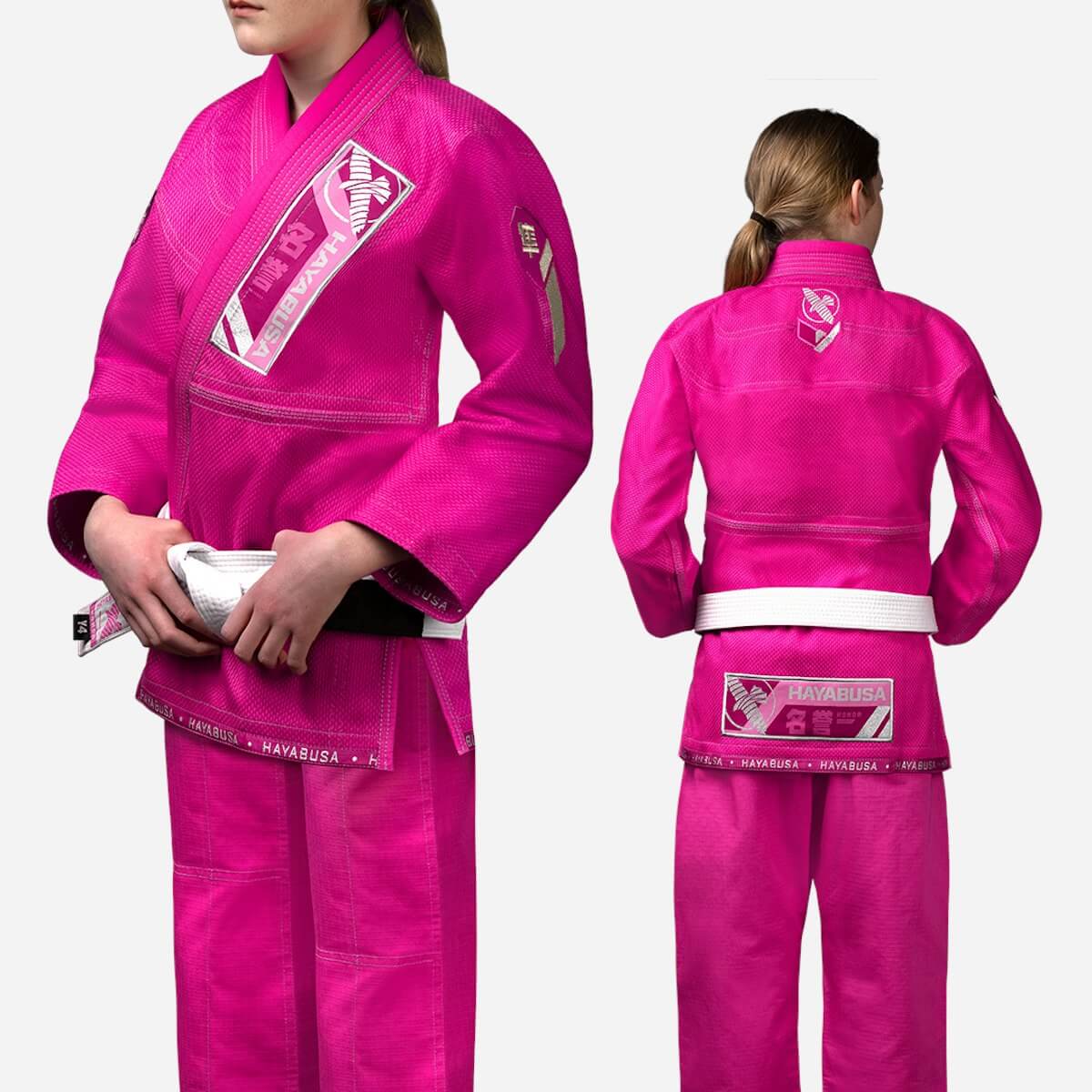 Hayabusa Ascend Youth Jiu Jitsu Gi in vibrant pink color, designed for kids' comfort and performance.