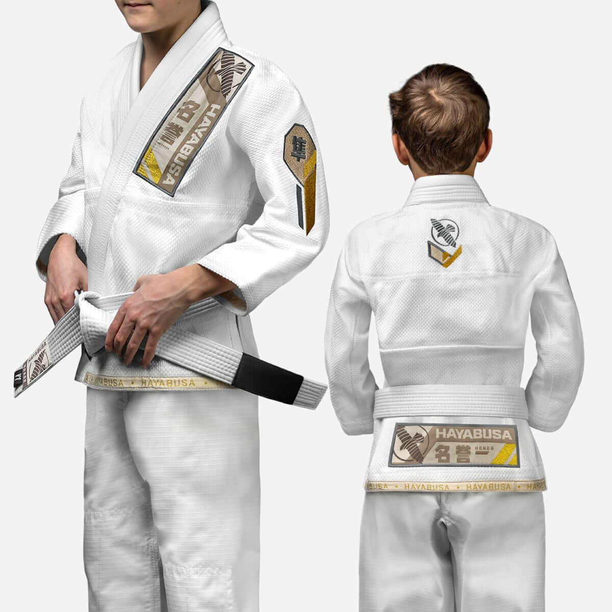 Hayabusa Ascend Youth Jiu Jitsu Gi shown from front and back, showcasing durable fabric and design for kids.